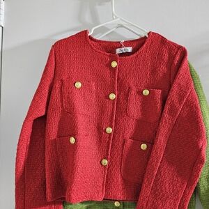 Red Textured Blazer with Gold Buttons